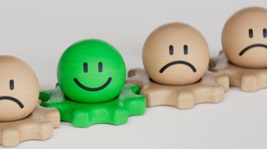 Kalabalıktan uzak dur. Gülümseyen ahşap top, normal ve üzgün yüz. Yüz ifadeleri. Beyaz arkaplanda zihinsel sağlık değerlendirmesi 3D.
