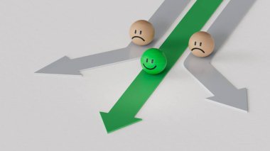 Yeşil lider iş dünyasında. Gülümseyen tahta top, normal ve üzgün surat. Yüz ifadeleri. Beyaz arkaplanda zihinsel sağlık değerlendirmesi 3D.