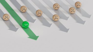 Yeşil lider iş dünyasında. Gülümseyen tahta top, normal ve üzgün surat. Yüz ifadeleri. Beyaz arkaplanda zihinsel sağlık değerlendirmesi 3D.