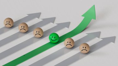 Yeşil lider iş dünyasında. Gülümseyen tahta top, normal ve üzgün surat. Yüz ifadeleri. Beyaz arkaplanda zihinsel sağlık değerlendirmesi 3D.