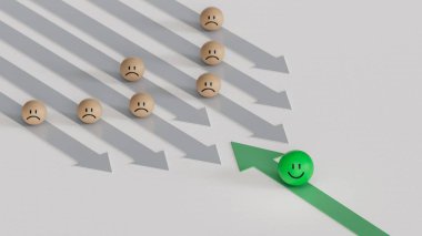 Yeşil lider iş dünyasında. Gülümseyen tahta top, normal ve üzgün surat. Yüz ifadeleri. Beyaz arkaplanda zihinsel sağlık değerlendirmesi 3D.