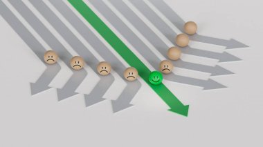 Yeşil lider iş dünyasında. Gülümseyen tahta top, normal ve üzgün surat. Yüz ifadeleri. Beyaz arkaplanda zihinsel sağlık değerlendirmesi 3D.