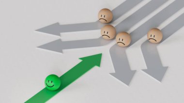 Yeşil lider iş dünyasında. Gülümseyen tahta top, normal ve üzgün surat. Yüz ifadeleri. Beyaz arkaplanda zihinsel sağlık değerlendirmesi 3D.