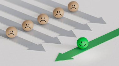 Yeşil lider iş dünyasında. Gülümseyen tahta top, normal ve üzgün surat. Yüz ifadeleri. Beyaz arkaplanda zihinsel sağlık değerlendirmesi 3D.