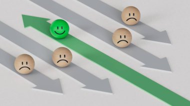 Yeşil lider iş dünyasında. Gülümseyen tahta top, normal ve üzgün surat. Yüz ifadeleri. Beyaz arkaplanda zihinsel sağlık değerlendirmesi 3D.