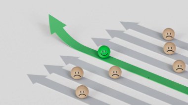 Yeşil lider iş dünyasında. Gülümseyen tahta top, normal ve üzgün surat. Yüz ifadeleri. Beyaz arkaplanda zihinsel sağlık değerlendirmesi 3D.