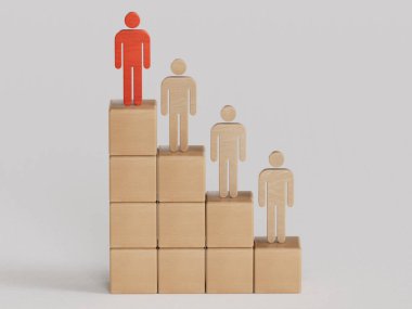 Beyaz arka planda merdivenin üstünde kırmızı tahta adam parçası var. Tırmanan Merdivenler başarılı iş dünyası liderliği kariyer büyüme fırsatları ilerleme aşaması kavramı.