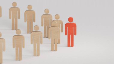 Kalabalık içinde göze çarpan kırmızı bir insanı gösteren 3 boyutlu bir grafik. Yumuşak bir gölge ve yansıma ile beyaz bir arkaplan karşı yapılan 3D geliştirmek için.