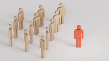 Etkilemek ve güçlendirmek için bir ekiple birlikte duran tahta bir figür. Liderlik kavramı, başarılı yarışma galibi ve yeni normal bir yaşam tarzı için nüfuzlu ve sosyal mesafeli lider.