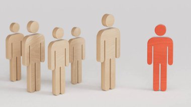 Gülen suratlı tahta bir tahta kukla küpü. Somurtkan ya da mutsuz yüzlerle dolu bir toplumdan ayrılmak. Takım çalışması ve başarılı olmak. C4D 'de yapıldı ve yapıldı, yapay zekada değil..