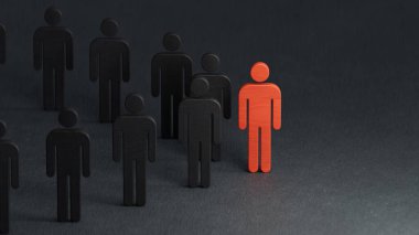 Kalabalık içinde göze çarpan kırmızı bir insanı gösteren 3 boyutlu bir grafik. Yumuşak bir gölge ve yansıma ile siyah bir arkaplan karşı yapılan 3D geliştirmek için.