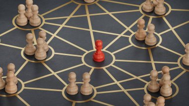 Piyonların üç boyutlu tasviri bir çok geri dönüşümlü satırla birbirine bağlanmış. Sosyal bağlantılar kavramı. Yapım ve oluşturma C4D, yapay zeka değil..