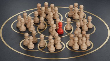 Bir çok piyonun üç boyutlu çizimi geri ödeme çemberleri şeklinde gruplandırıldı. Piyasa segmentasyonu. Yapımcı ve sunucu C4D, yapay zeka değil..