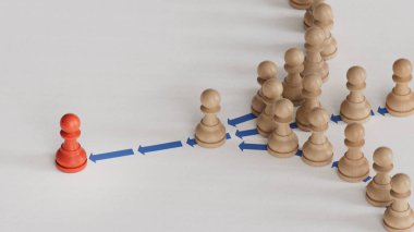 Peş peşe birçok piyonun 3 boyutlu çizimi. Kurşun kavramı. Liderlerini takip ediyorum. Pazarlama ve iletişim konsepti. C4D üretildi ve üretildi, yapay zeka değil..