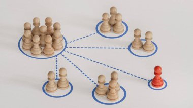 Farklı kategorilerde segmentlenmiş birçok piyonun 3 boyutlu çizimi. Müşteri segmentasyonu kavramı. C4D ile yapıldı ve üretildi, yapay zeka ile değil..