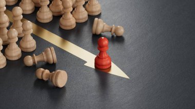 Kırmızı piyon dövüşü. Kalabalıktan uzak duruyor. İş stratejisi, dışarıdan birinin lider olması. C4D üretimi ve üretimi, yapay zeka değil..