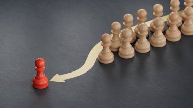 Kırmızı piyon 3D çizimi geçiyor. VIP kartı konsepti. Ekonomik statü ve sosyal başarı. Yapılandırma ve oluşturma C4D, yapay zeka değil..