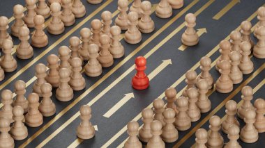 Farklı satırlarda bir sürü piyon. Öncelikli geçiş kartı, hızlı şerit ya da VIP Ayrıcalıkları konsepti. 3D illüstrasyon. Yapım ve yapımı C4D, yapay zeka değil..