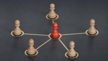 Piyonlar çelik çizgilerle bağlandı. Liderlik ve iş başarısı kavramları. Yapılandırılan ve oluşturulan C4D, yapay zeka değil..