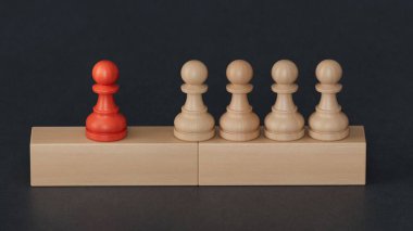 Tahta figürler. Üstünlük konsepti. Denge, liderlik ve rekabet kavramı. İş dünyasındaki başarı kavramına sahip liderlik. Yapılandırma ve oluşturma C4D, yapay zeka değil..