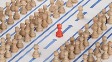 Farklı satırlarda bir sürü piyon. Öncelikli geçiş kartı, hızlı şerit ya da VIP Ayrıcalıkları konsepti. 3D illüstrasyon. Yapım ve yapımı C4D, yapay zeka değil..