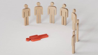 Yerde yatan kırmızı tahta bebek figürü. İşten çıkarılma. İşsiz ve kovulmuş biri. C4D üretildi ve üretildi, yapay zeka değil..