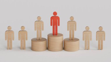 İnsanlar arasındaki ahşap insan modeli, liderlik kavramı. C4D ile yapıldı ve üretildi, yapay zeka ile değil..