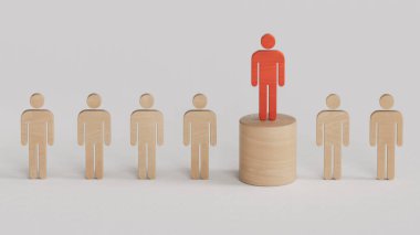 İnsanlar arasındaki ahşap insan modeli, liderlik kavramı. C4D ile yapıldı ve üretildi, yapay zeka ile değil..