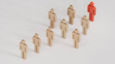 Kalabalık içinde göze çarpan kırmızı bir insanı gösteren 3 boyutlu bir grafik. Yumuşak gölgeli beyaz bir arkaplan oluşturuldu.