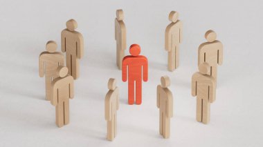 İnsanlar arasındaki ahşap insan modeli, liderlik kavramı. C4D ile yapıldı ve üretildi, yapay zeka ile değil..