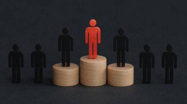 İnsanlar arasındaki ahşap insan modeli, liderlik kavramı. C4D ile yapıldı ve üretildi, yapay zeka ile değil..