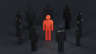 İnsanlar arasındaki ahşap insan modeli, liderlik kavramı. C4D ile yapıldı ve üretildi, yapay zeka ile değil..