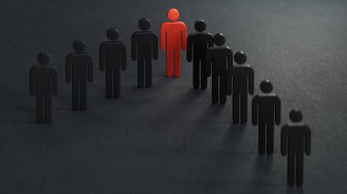 Kalabalık içinde göze çarpan kırmızı bir insanı gösteren 3 boyutlu bir grafik. Yumuşak gölgeli siyah bir arkaplan oluşturuldu.