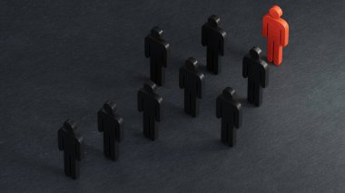 Kalabalık içinde göze çarpan kırmızı bir insanı gösteren 3 boyutlu bir grafik. Yumuşak gölgeli siyah bir arkaplan oluşturuldu.