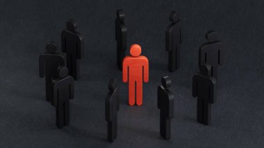 İnsanlar arasındaki ahşap insan modeli, liderlik kavramı. C4D ile yapıldı ve üretildi, yapay zeka ile değil..