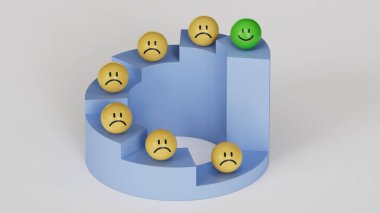 Önce ol. Tatmin olma seviyesini kavra. Duygulu sarı halkalar. Yüz ifadeleri. Beyaz arkaplanda zihinsel sağlık değerlendirmesi 3D.