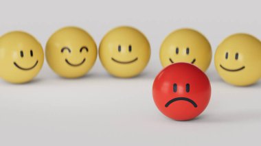 Sosyal etkileşim 3 boyutlu illüstrasyon. Duyguları olan bir arka plan. İkonlarla zorbalık kavramı. Nefret ya da mutsuzluk hissi. Beyaz arka planda üç boyutlu..