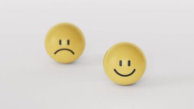 Kapalı müşteri seçimi gülen yüz ve bulanık üzgün yüz simgesi sarı top, servis derecesi, tatmin konsepti beyaz arka plan 3D.