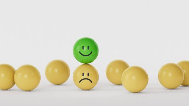 Pozitif reytingli mutlu yüzler, müşteri deneyimi reytingleri, hizmet değerlendirmeleri, duygular ve müşteri memnuniyeti anketleri seçin. Beyaz arkaplandaki 3D görüntüleme.