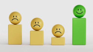 Tatmin olma seviyesini kavra. Duygulu sarı halkalar. Yüz ifadeleri. Beyaz arkaplanda zihinsel sağlık değerlendirmesi 3D.