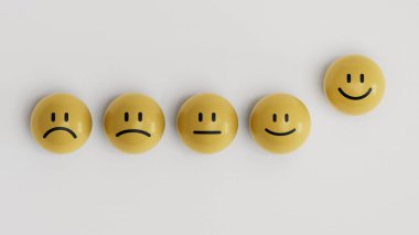 Tatmin olma seviyesini kavra. Duygulu sarı halkalar. Yüz ifadeleri. Beyaz arkaplanda zihinsel sağlık değerlendirmesi 3D.