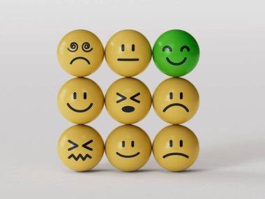 Creative idea and smart people, unique, difference, leadership, solutions and motivation concepts. Happy smile face BALL on yellow BALL block stack with other dumb faces on white background.