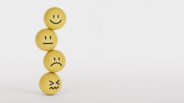 Müşteri hizmetleri değerlendirmesi ve tatmin kavramları. Sarı bloklardaki gülen surat sembolü. Teftiş, Derecelendirme, Memnuniyet kavramları beyaz arkaplan üzerinde 3D yorumlama.