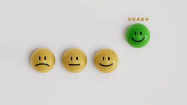 Müşteri hizmetleri değerlendirmesi, reytingler, geri bildirim, müşteri deneyimi ve memnuniyet anketleri. Beş yıldızlı işaretler ve beyaz arkaplandaki sarı top bloğundaki mutlu yüzü gösteren el işaretleri.
