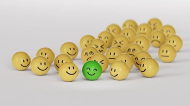 Komik ifadeler, duygusal sarı daireler, yüz ifadeleri. Beyaz arkaplanda zihinsel sağlık değerlendirmesi 3D.