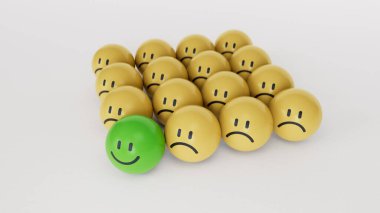 Yeşil lider. Duygusal sarı çemberler. Yüz ifadeleri. Beyaz arkaplanda zihinsel sağlık değerlendirmesi 3D.