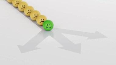 Yeşil lider iş dünyasında. Gülümseyen sarı top, normal ve üzgün surat. Yüz ifadeleri. Beyaz arkaplanda zihinsel sağlık değerlendirmesi 3D.