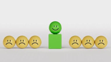 Gülümseyen sarı top, adam toplama kavramı. Yüz ifadeleri. Beyaz arkaplanda zihinsel sağlık değerlendirmesi 3D.