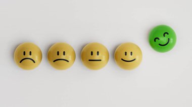 Sarı top bloklarında gülümseyen yüz sembolü. Müşteri hizmetleri değerlendirmesi ve memnuniyet araştırması konseptleri. Hizmet derecelendirme, sıralama, müşteri gözden geçirme 3D beyaz arkaplan üzerinde yorumlama.