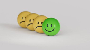 Üzgün yüzler ikonu ve mutlu gülen yüzler sarı top bloklarında. Pozitivizm, zihinsel refah kavramı. Beyaz arka planda üç boyutlu yüz ifadeleri..